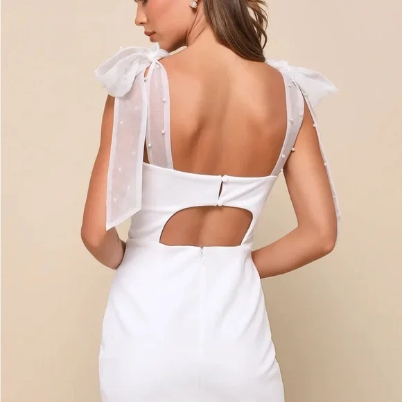 Lulus | Dresses | Lulus Beaming Perfection White Pearl Organza Tiestrap  Mini Dress | Poshmark